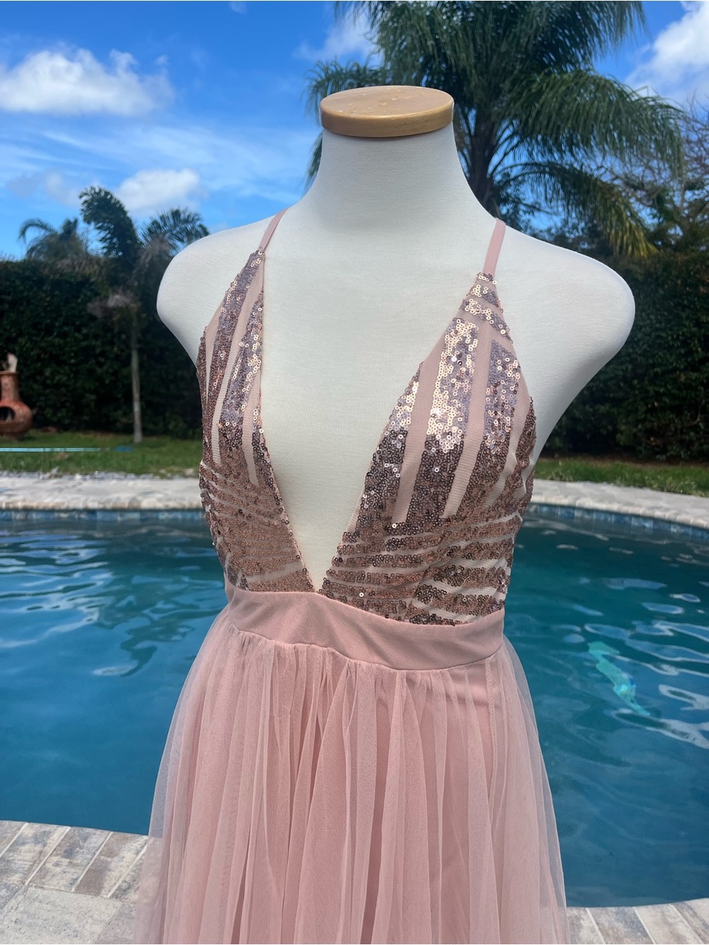 Plunge V-Neck Blush Pink Tulle Dress Prom - Picture 2 of 11